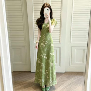 NIUVIES | French Style Green V-Neck Floral Slim Fit Waist Dress