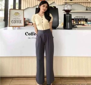 Kulot Highwaist Aromaline Knit Pants Kancing Depan 2 Pinggang Karet Saku Kanan Kiri Resleting