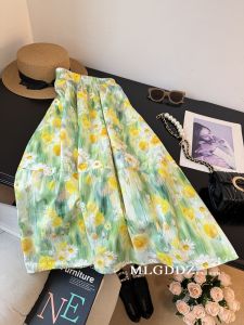Monet Garden Yellow Floral Half Skirt Womens Summer 2025 New Elastic Waist Full Cotton A-Line Oil Painting Umbrella Skirt