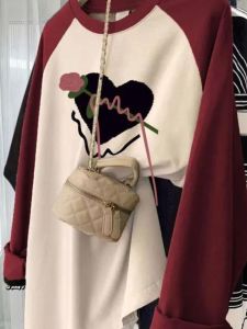 Spring Autumn Pure Cotton Long Sleeve Loose Womens Sweatshirt Mid-Length Printed T-Shirt Color Block Base Shirt Korean Style Casual Wear