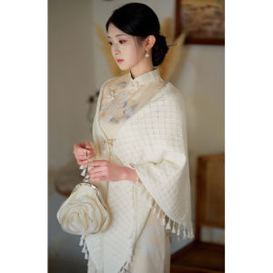Elegant Knitted Shawl Spring 2025 Womens Fine Yarn Cheongsam Outerwear Short Sleeve Pure Color Low Slit Daily Use