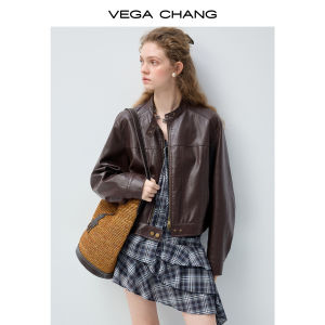 VEGA CHANG | Áo Da Nữ Cổ Đứng Màu Nâu Thu Phong Cách Dễ Mặc Đi Làm