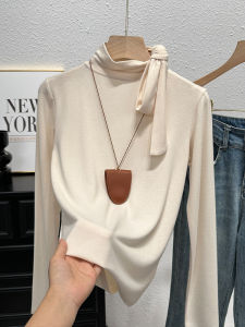 French Butterfly Knot Long Sleeve Slim Fit T-Shirt Womens Autumn Thin Semi-High Collar Base Shirt Inner Wear Top