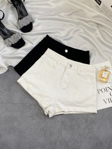 White High Waist Cuffed Denim Shorts Women Summer Thin Loose Peach Color Spicy A-Line Hot Pants Cotton Stretch Denim Shorts