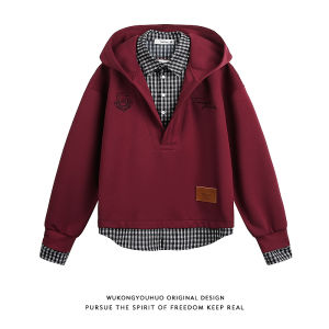 WUKONGYOUHUO | Áo Hoodie Phối Nỉ Giả Hai Mảnh Phong Cách Học Thuật Mỹ Cổ Điển Nam