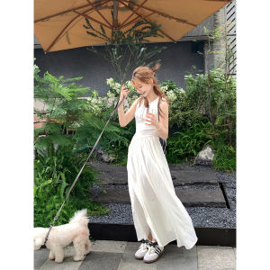 Summer Korean Style Splice Dress Womens Elegant Long Sleeveless round Neck Gown Quinceanera Cake Small Size Light Beige