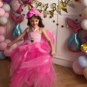 Graceful Flamingo Tutu Dress with Headband Wing Girls Long Bird Feather Fancy Costume Kids Birthday Party Princess Gown Dresses