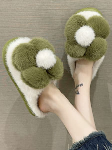 Womens Fluffy Slippers Indoor Home Thick Bottom Cute Flower Head Covered Slippers Cotton Slip-On Shoes Comfortable Softsole