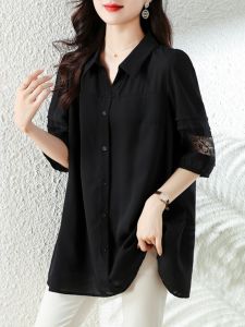 plus Size Womens Shirt Turn-down Collar Lace Splice Midi Sleeve Chiffon Top Loose Fit Summer Fashion Korean Style Cover Belly