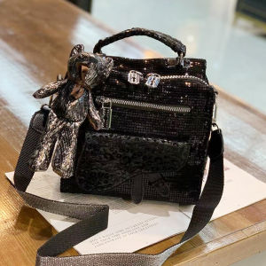 Fashionable Sequin Wide Strap Double Shoulder Bag Multi-Functional Ladies Purse Trendy British Style PU Leather Casual Bag