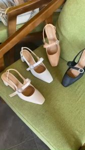 Giày Slingback mũi vuông 5 phân chất liệu xi mờ kiểu dáng tiểu thư phối nút đá tròn cao cấp _Min3004QNHDXM