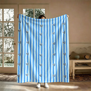 BILIBILI | Grey Hearts Blue Stripes Flannel Blanket Perfect for Sofa Office Bed Travel Sleep Read Relax Camping Four Season Use