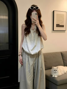 LIRUSHAN | Elegant Slim-fit Neck-hanging Top and Wide-leg Pants Set
