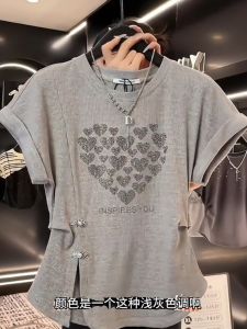 Plus Size Side Slit Ruched Nipped-Waist Short-Sleeved T-shirt Summer New Arrival Plus Size Ladies Slimming Slim Fit Design Blouse Women