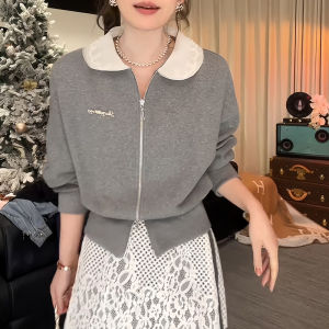 Shalldoer | American Stylish Grey Glittered Notch Collar Hoodless Sweatshirt