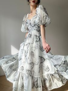 Alisa.Sonya Women Floral Chiffon Dress Off shoulder puff sleeve korean style women White Formal Maxi dress