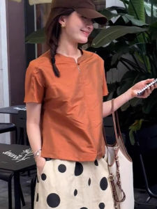 This Years Popular Beautiful New Chinese Style Retro National Style Orange Shirt Stand Collar Chinese Knot Button Top Niche Style Chic Short Sleeve Women