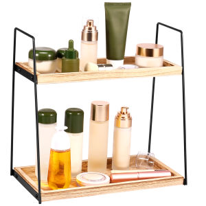 Bathroom Counter Organizer Rack 2-Tier Wood Cosmetic Storage Shelf Space Saving Countertop Standing Rack Multipurpose Vanity