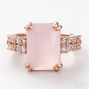 Huitan Graceful Rose Gold Color Engagement Ring with Pink Stone Shiny Cubic Zirconia Finger Accessories for Wedding Ceremony