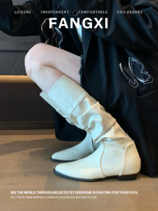 White Wrinkle Below Knee Pointed Toes Internal Elevation Boot