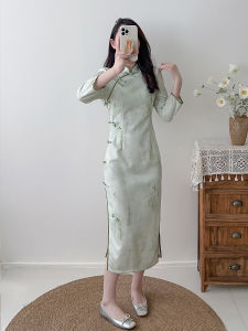 Green Suzhou Cheongsam Long Sleeve Young Style Elegant Daily Improved Short Size Simple Design Chinese Retro Style Wedding Dress