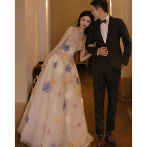 ชุดแต่งงานแขนกุดเอวสูงคอวีกระโปรงทรงเอ ชุดราตรียาวฤดูร้อน เดรสยาวปานกลาง ชุดเดรสเจ้าสาว