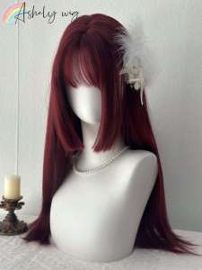 Ashley Cosplay Burgundy Bộ Tóc Giả Dài Thẳng Với Bangs 24 Inch Màu Đỏ Tóc Tổng Hợp Dành Cho Nữ Hàng Ngày Thời Trang Dự Tiệc Mặc Phong Cách Lolita