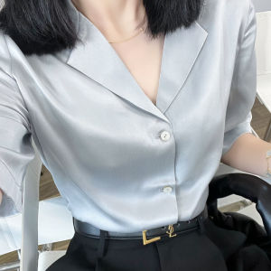 Luxurious Sand Washed Silk Shirt Short Sleeve Suit Collar Womens Fashion Casual Commute Pure Color V-neck Button Detail