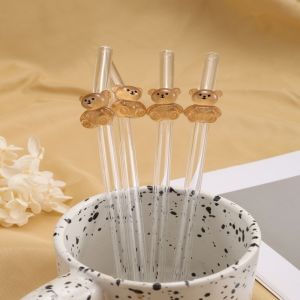3/5PCS Brown Bear Glass Straw.Adorable curved reusable straw for iced coffee milk tea & juice. Perfect party accessory