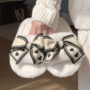 Fashionable Butterfly Knot Ladies Cotton Slippers Home Anti-Slip Warm Soft Bottom Fur Slippers Winter Comfortable Home Shoes
