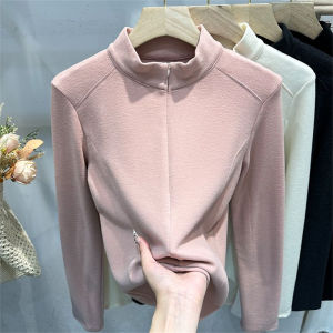 เสื้อสเวตเตอร์คอตั้งแขนยาวผู้หญิง ฤดูใบไม้ร่วง/ฤดูหนาว สไตล์เกาหลี ทรงสลิมฟิต ขนแกะด้านใน อบอุ่น เสื้อคลุมกันหนาว