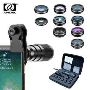 apexel | APEXEL 10 in 1 Mobile Phone Lens Kit 22X Telephoto Fisheye Lens Wide Angle Macro Lens+CPL Star Flow Filters for All Smartphones