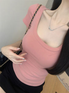 Slimming U-Neck Short Sleeve Tee for Women Summer Style Versatile Pure Color White Top with Sleeveless Design