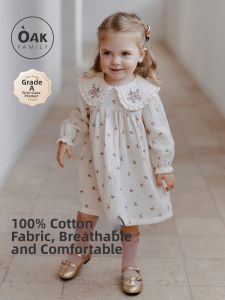 OAK FAMILY | Cotton Printed Long Sleeve Peter Pan Collar Embroidery Dress
