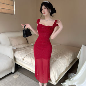 Impression Fashion Women Elegant Spandex Sequins Square Neck Draped 3D Flower Stitching Short Sleeve Tunic Bodycon Evening Dress