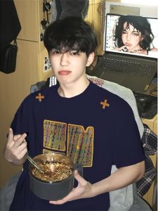 Áo Thun Nam Cổ Tròn Thêu Màu Xanh Tím Đậm Phong Cách Mỹ Cổ Điển Tay Ngắn Thiết Kế Nặng 300g Thời Trang Mùa Hè Thường Ngày