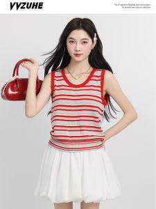 Áo Len Dệt Kim Không Tay Màu Đỏ Thời Trang Kẻ Sọc Phong Cách Hàn Quốc Mùa Thu 2025 Áo Khoác Ngoài Đi Làm Đa Năng Cho Nữ