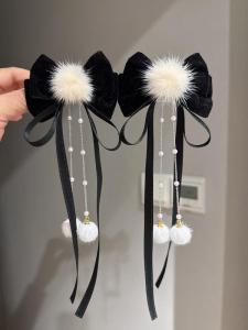 MIK New Year Wine Red High-End Sensation Mink Ball Butterfly Knot Hair Clip Girls Hair Accessories Chinese Style Childrens Hair Decorations