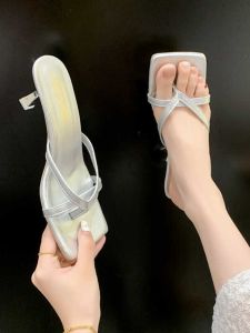 Womens French-Style Flip-Flops with High Heels Summer Outwear 2024 New Arrival Fashion Square Toe All-Matching Stiletto Heel Sandals