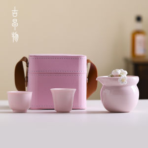 Portable Travel Tea Set Pink Flower Handmade Camping Outdoor Ceramic Brewing Kettle Two Cups Storage Box Fast Delivery