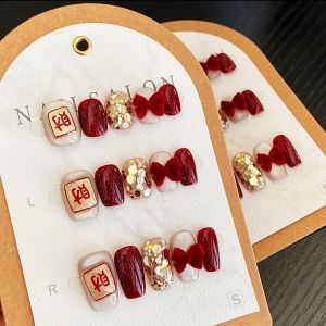 Handmade Red Nail Tips with Bow Design Wearing False Nails White Enhancing New Year Fortune Telling Premium Feeling