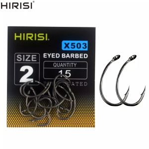 Hirisi 15pcs PTFE Coated High Carbon Stainless Steel Barbed Fish Hook With Eye X503 Fishing Accessories