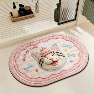 Thảm Tắm Hình Bầu Dục VIKAMA Thảm Tắm Hình Mèo Nổi Hoa Nơ In Chữ Chống Trượt Cao Su Thấm Nước Thảm Trải Sàn Phòng Tắm Để Trang Trí Nhà Cửa
