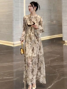 Elegant French Style Long Dress Floral Print Beach Vacation High Waist A-Line Skirt Polyester Fiber 80% Other 20% Autumn Season