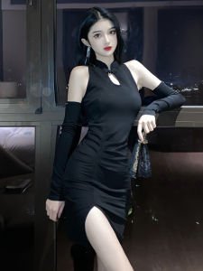 Slimming High Waist Slit Back Design Qipao Dress Korean Style Commute Pure Color Long Sleeve Short Skirt H-Shape Fashionable