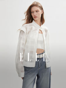ELLE White Silk Tartan Design Fashion Outerwear Womens Summer New Elegant Lightweight Top Loose Fit Long Sleeve Zipper