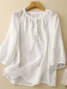 Korean Style round Neck Short Sleeve Pure Flax Heavy Embroidery Shirt Womens Fashionable Summer Top Comfortable Breathable