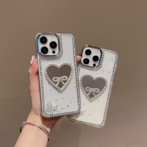 3D โบว์รัก กระจกน้ำ ขอบเพชร เคสใสสำหรับ iPhone 11 12 13 14 15 16 Pro Max เคสป้องกันการตกสำหรับ iPhone 16