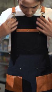 Apron Barista Celemek Cafe Apron Barbershop Denim & Synthetic Leather Crossback Strep For Barista/barbershop