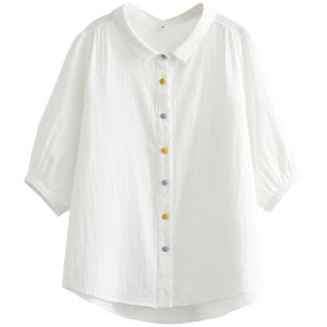 Double Layer Cotton Short Sleeves Lace Embroidered Placket Womens Blouse